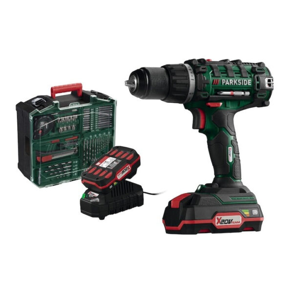 Trapano avvitatore 20 V con 2 batterie, caricabatterie e accessori